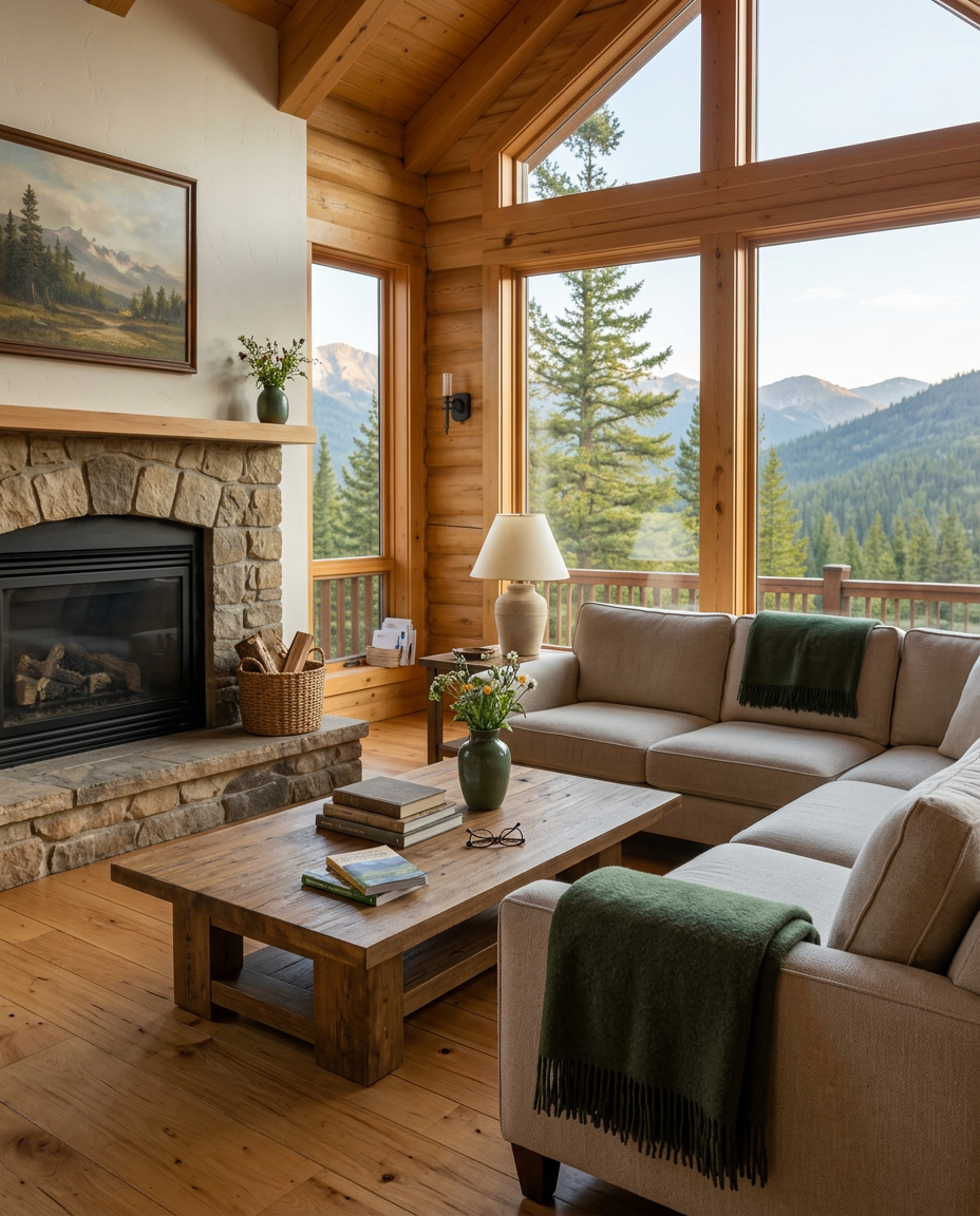 Freshly cleaned mountain home living room with warm wood details and forest views